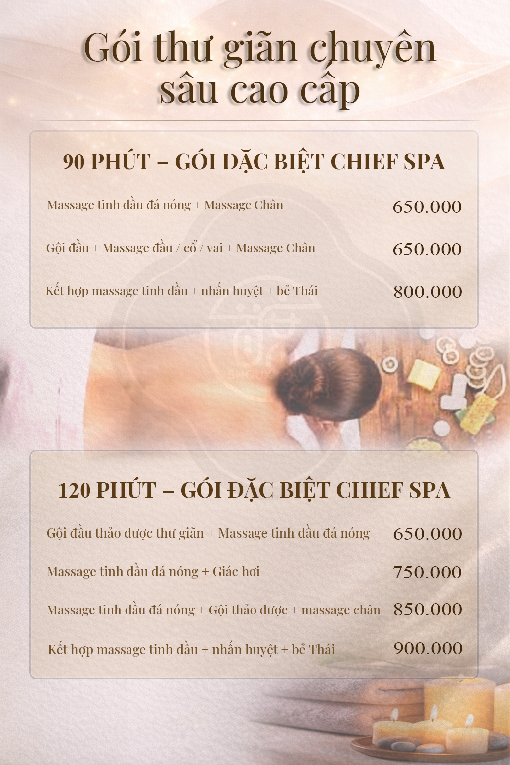 Menu dịch vụ CHIEF SPA Quận 10 gồm massage gội đầu chăm sóc da mặt massage chân và combo spa | Quận 10, gần KKV Q10